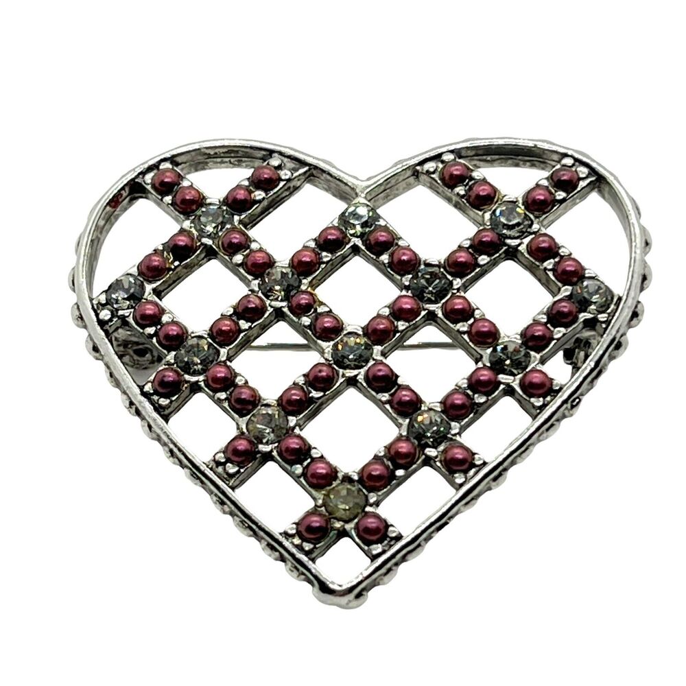 Liz Claiborne Heart Brooch Pin Burgundy Beads Silver Tone Marcasite Basket Weave